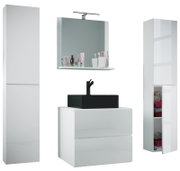 Modernes Badmöbel-Set in Weiß Hochglanz mit Waschtischunterschrank, schwarzem Aufsatzwaschbecken, Spiegel mit LED-Aufsatzleuchte sowie Hochschrank und Seitenschrank, frontale Perspektive