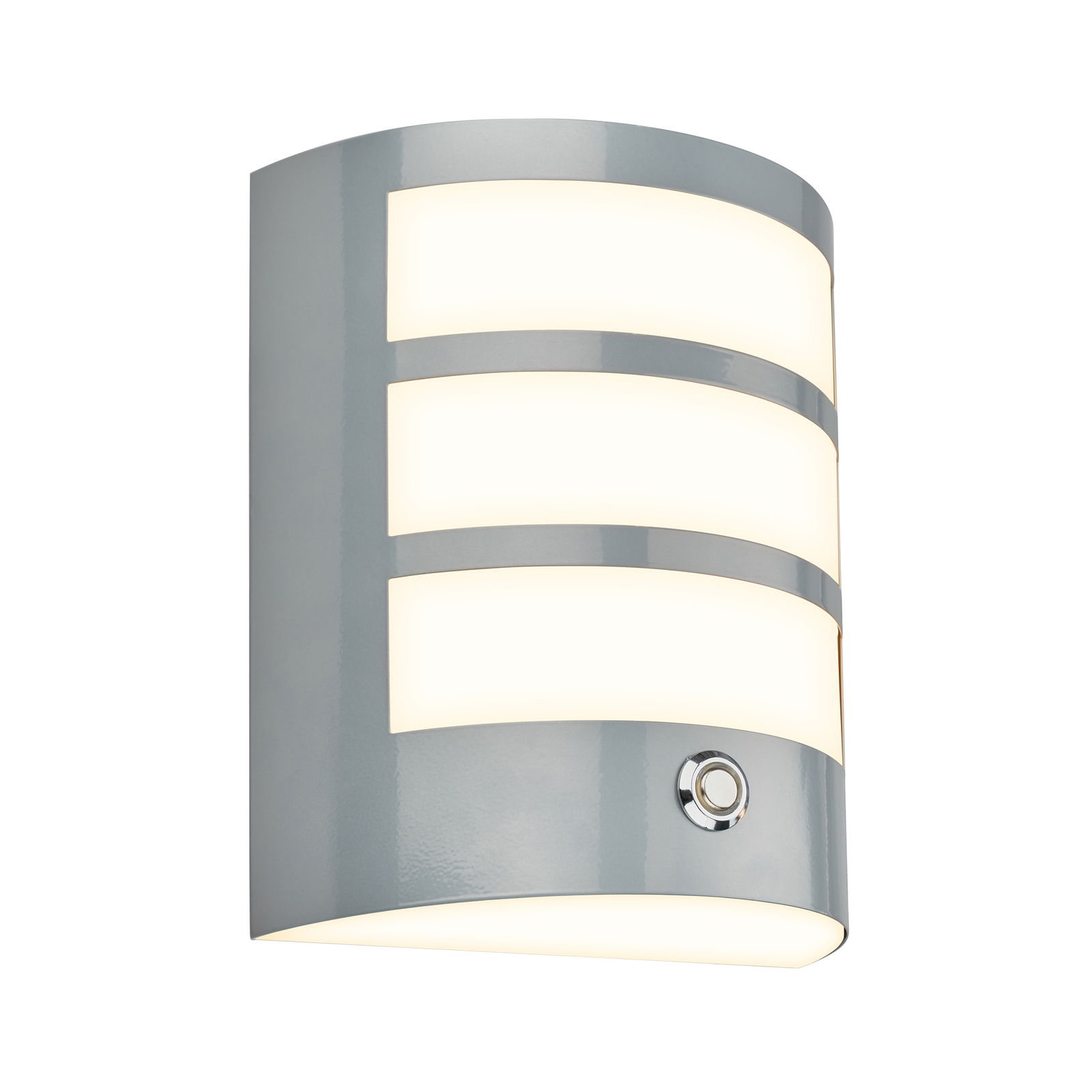 Briloner Akku-Außenwandleuchte Moderne Akku-Außenwandleuchte in gebogener Form mit drei leuchtenden Streifen und einem Schalter, seitliche Perspektive