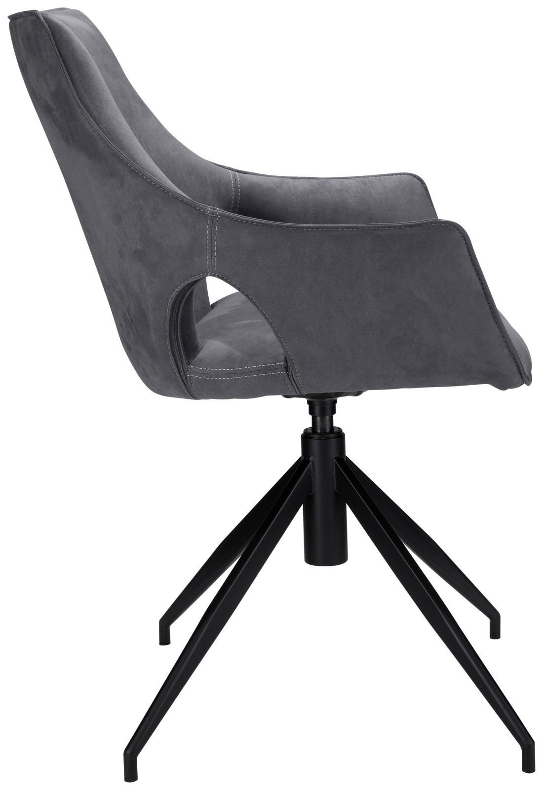 Grauer Sessel mit schwarzem Metallgestell, seitliche Perspektive