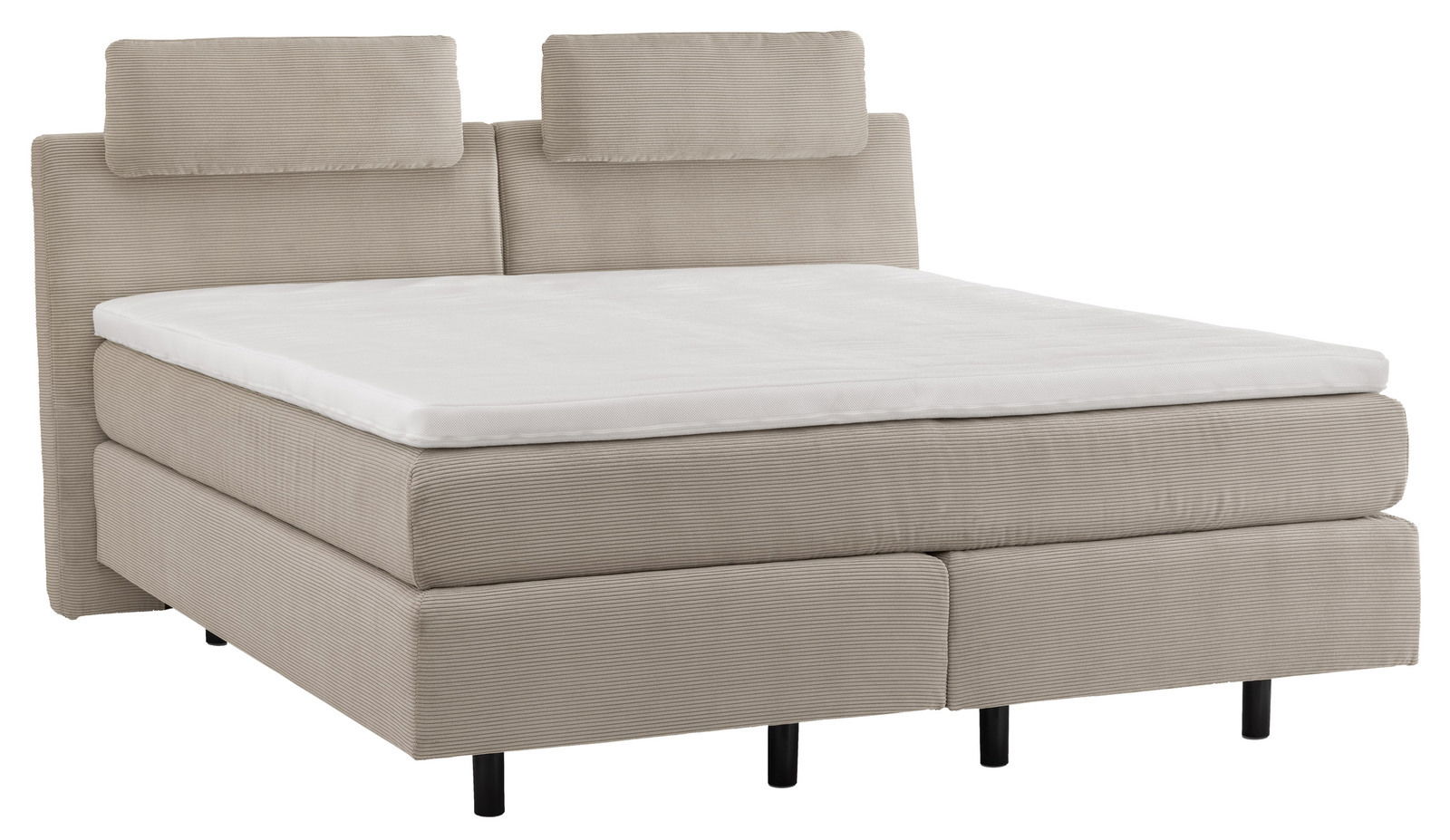 Beiges Boxspringbett mit zwei Kopfstützen, seitliche Perspektive