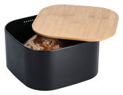 Moderner Brotkasten aus schwarzem Material mit abnehmbarem Holzdeckel, seitliche Perspektive