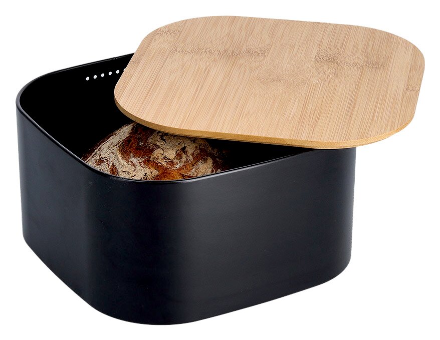 Moderner Brotkasten aus schwarzem Material mit abnehmbarem Holzdeckel, seitliche Perspektive