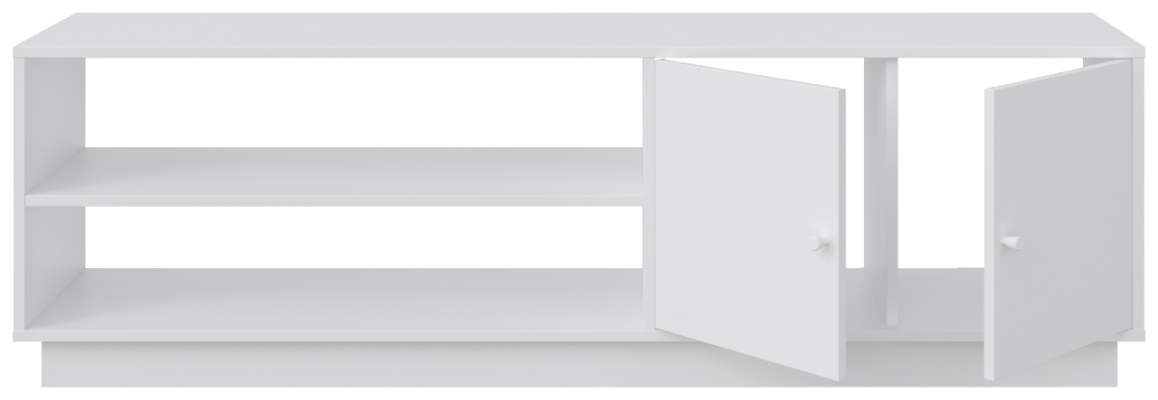 Weißes TV-Lowboard mit zwei offenen Türen, frontal betrachtet