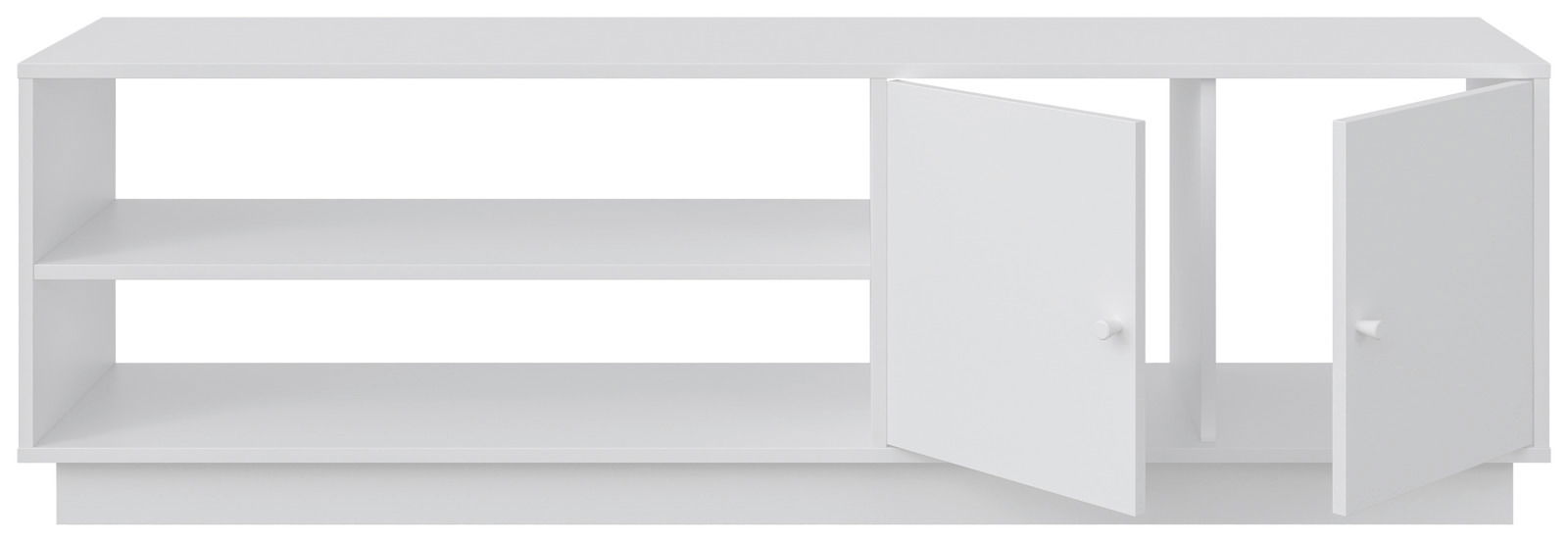 Weißes TV-Lowboard mit zwei offenen Türen, frontal betrachtet