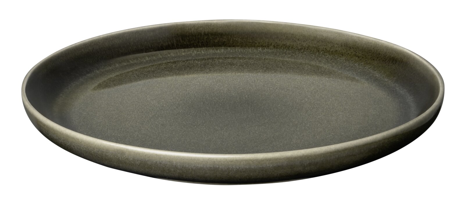 Dessertteller CANJU Pewter in seitlicher Perspektive, mit glatter, dunkler Oberfläche und leicht erhöhtem Rand.