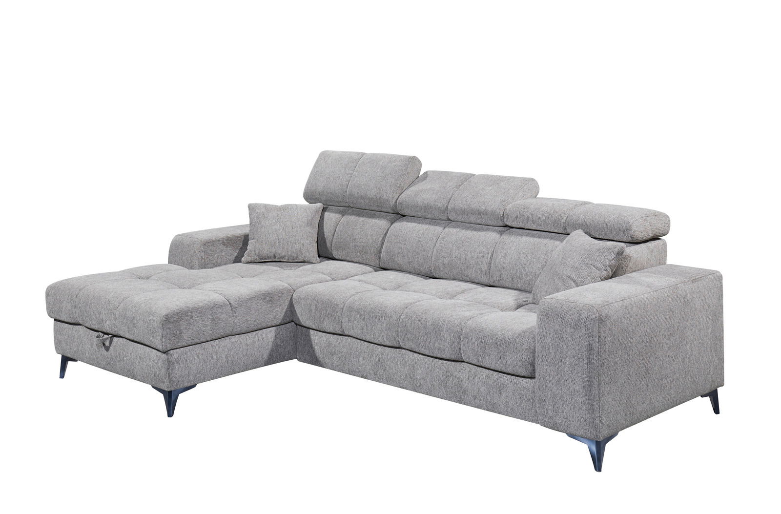 Graues Ecksofa mit verstellbaren Kopfstützen und Kissen, Perspektive von vorne links