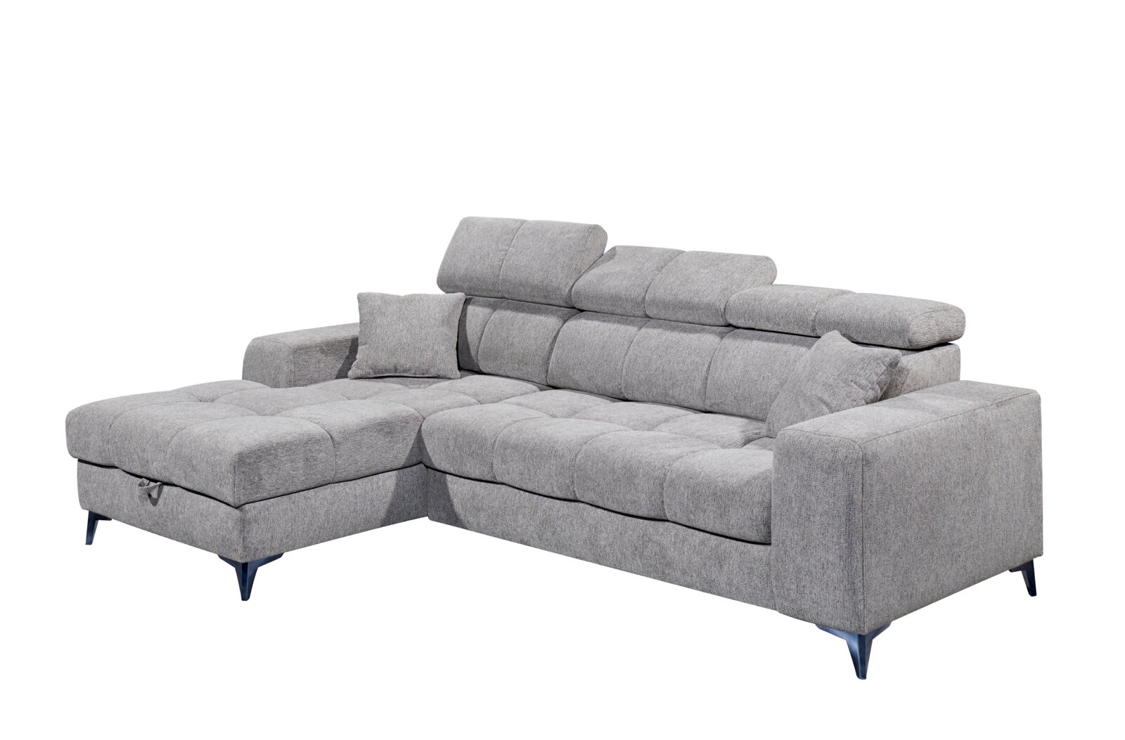 Graues Ecksofa mit verstellbaren Kopfstützen und Kissen, Perspektive von vorne links
