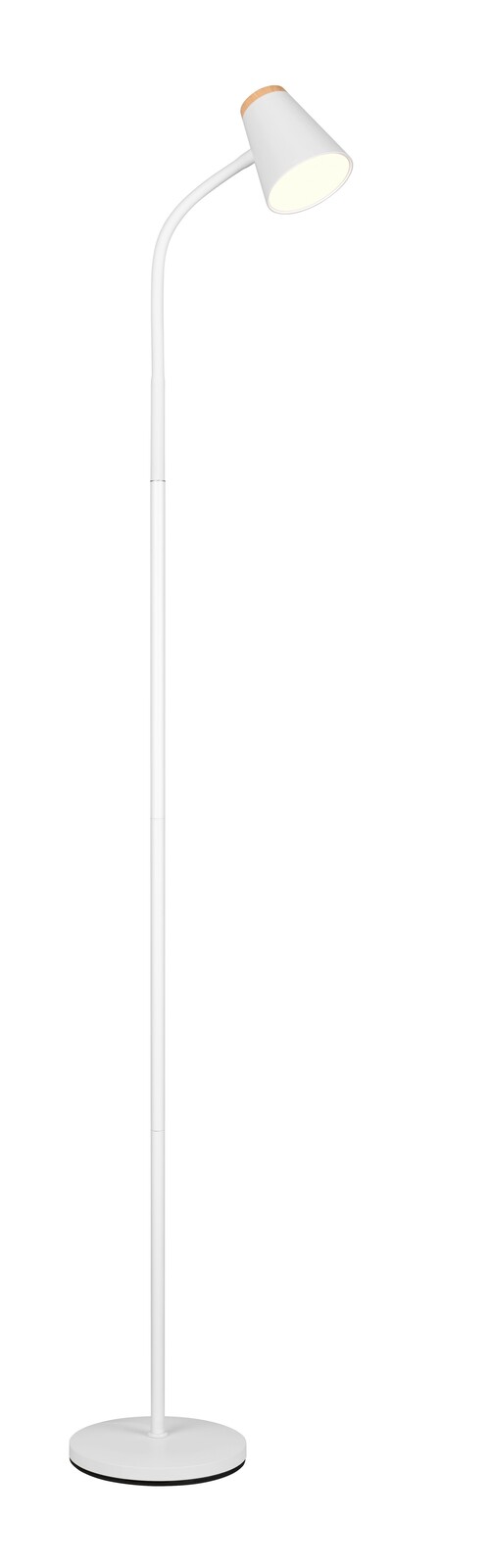 Weiße Stehleuchte PONGO von Reality Leuchten, seitliche Ansicht mit rundem Sockel und gebogenem Lampenschirm.