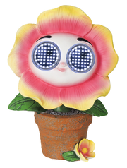 Niedliche Solarfigur in Form einer Blume mit großen leuchtenden Augen, in einem Blumentopf, Frontalansicht.