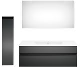 Moderne Badkombination in schwarzem Design mit Waschbecken, Spiegel und hohem Schrank, Frontalansicht.