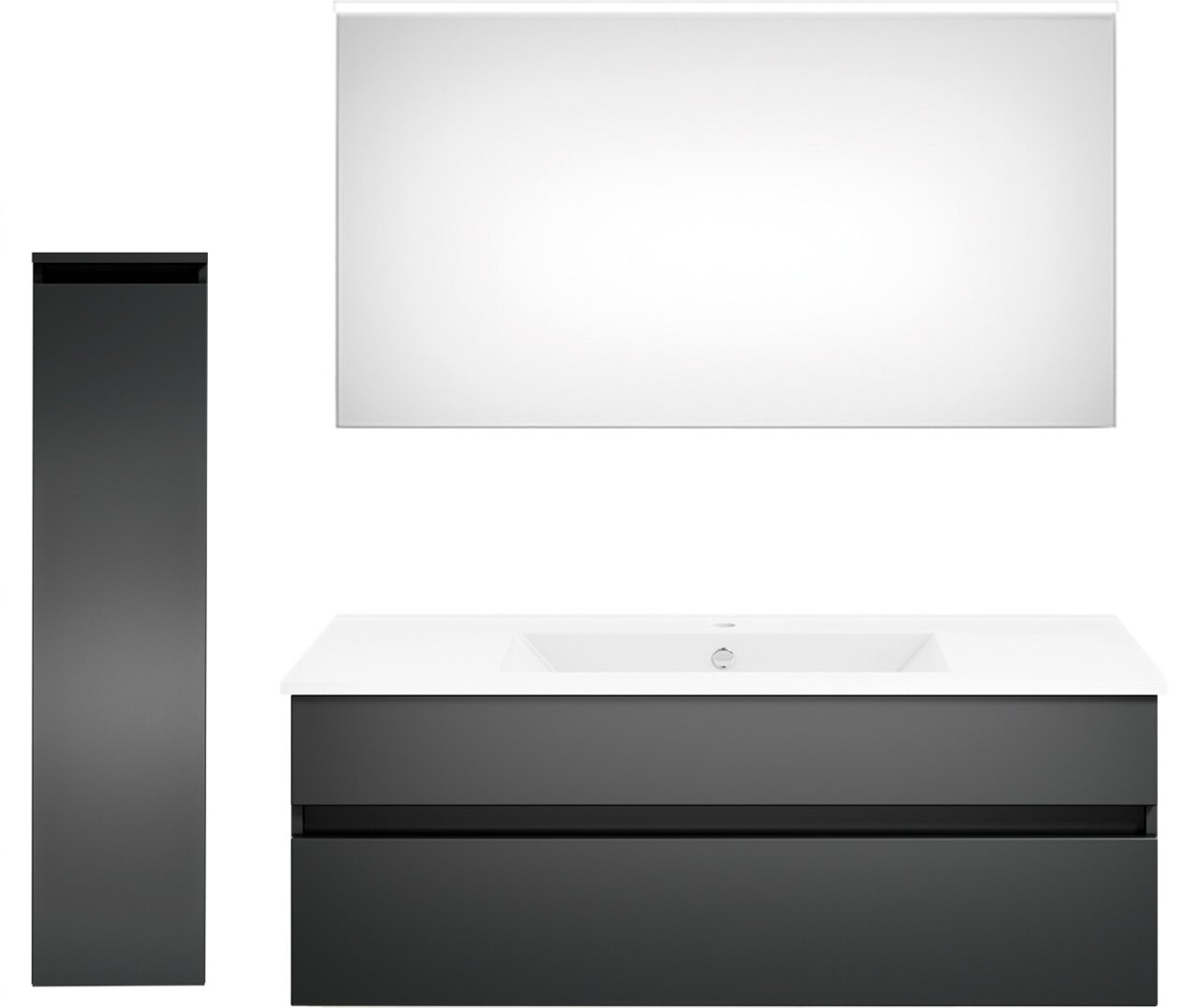 Puris Badkombination GET2YOU 21 Moderne Badkombination in schwarzem Design mit Waschbecken, Spiegel und hohem Schrank, Frontalansicht.