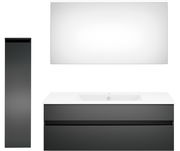 Moderne Badkombination in schwarzem Design mit Waschbecken, Spiegel und hohem Schrank, Frontalansicht.