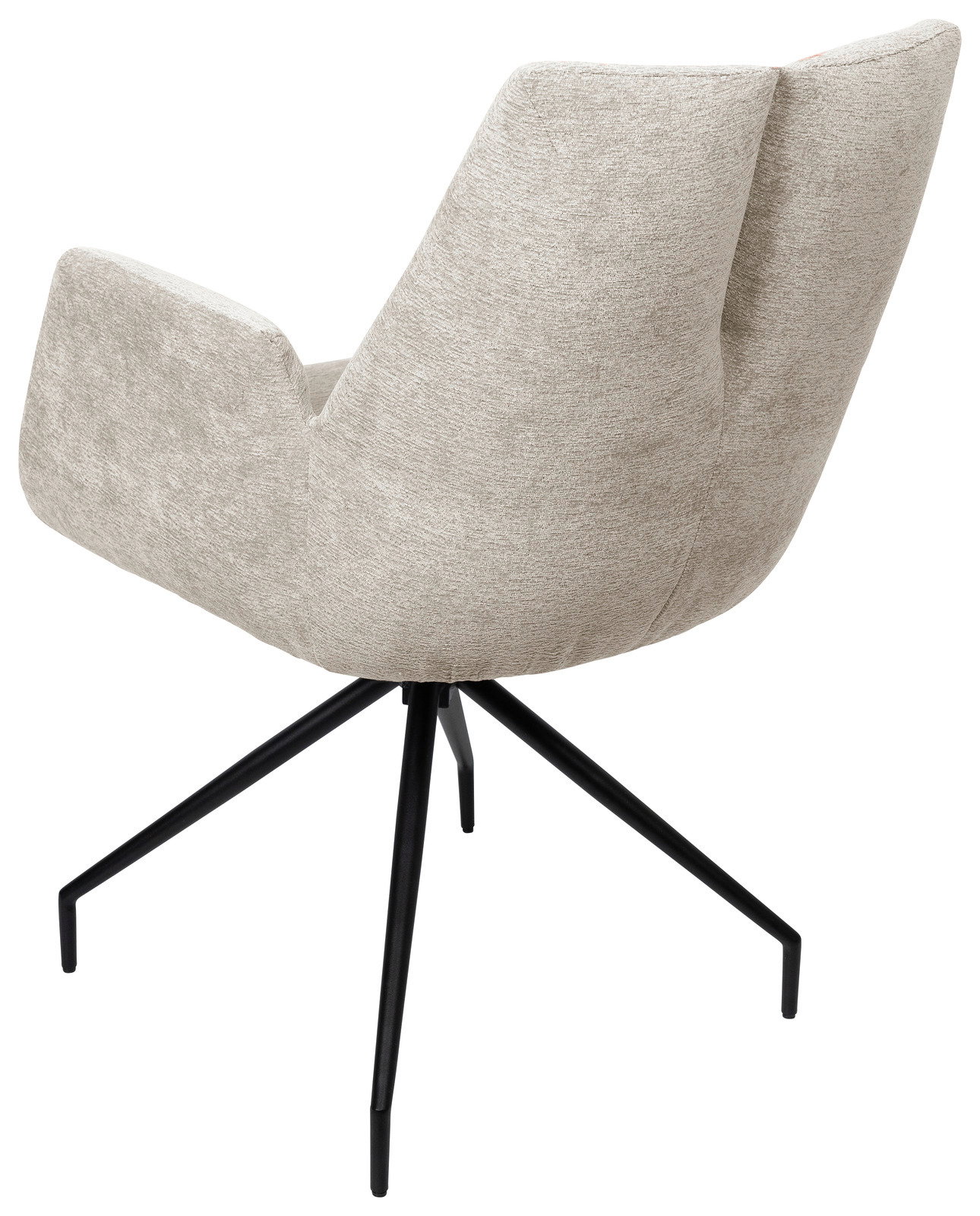 Rückansicht eines modernen Armlehnstuhls mit beigem Stoffbezug und schwarzem Metallgestell.