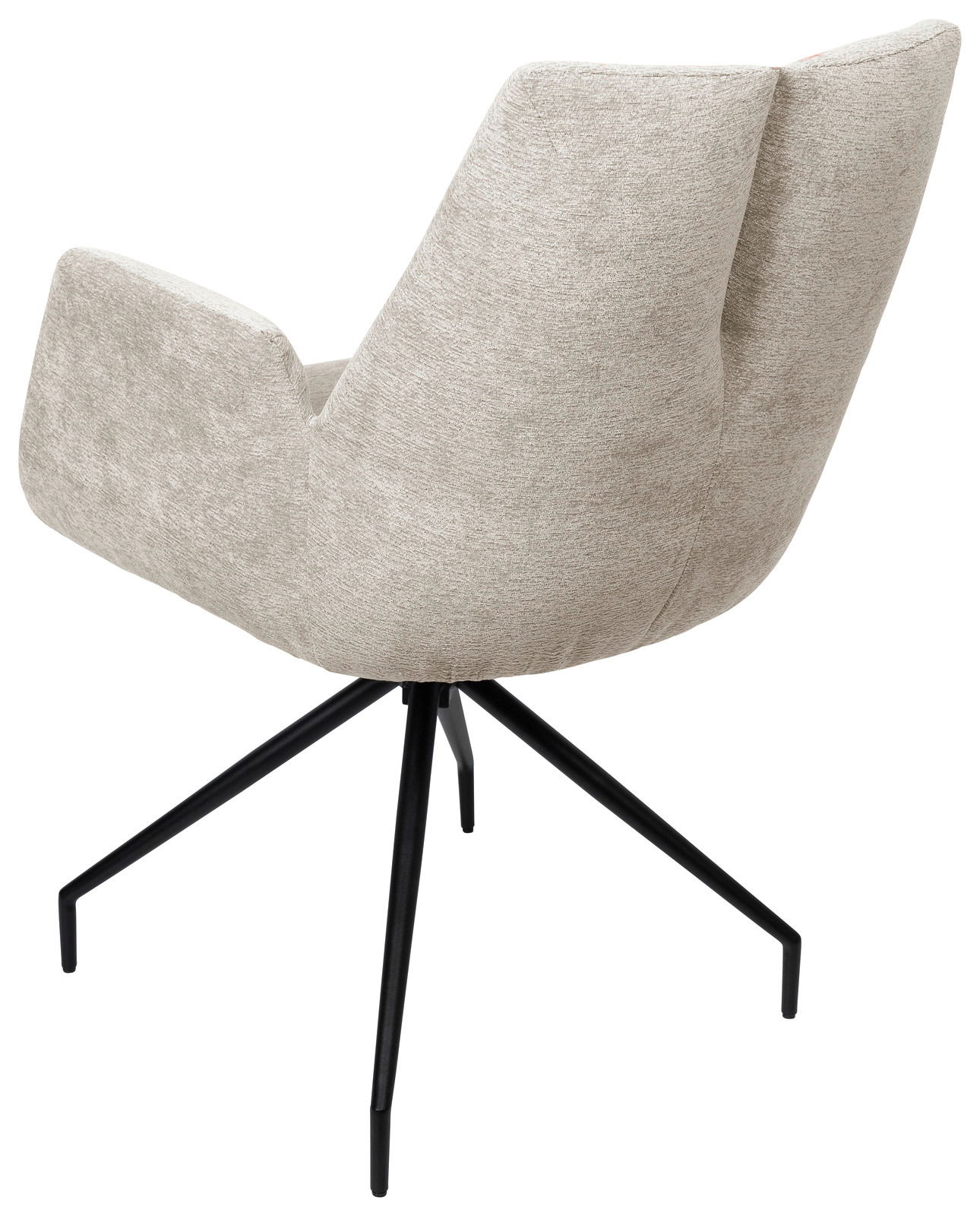 Rückansicht eines modernen Armlehnstuhls mit beigem Stoffbezug und schwarzem Metallgestell.