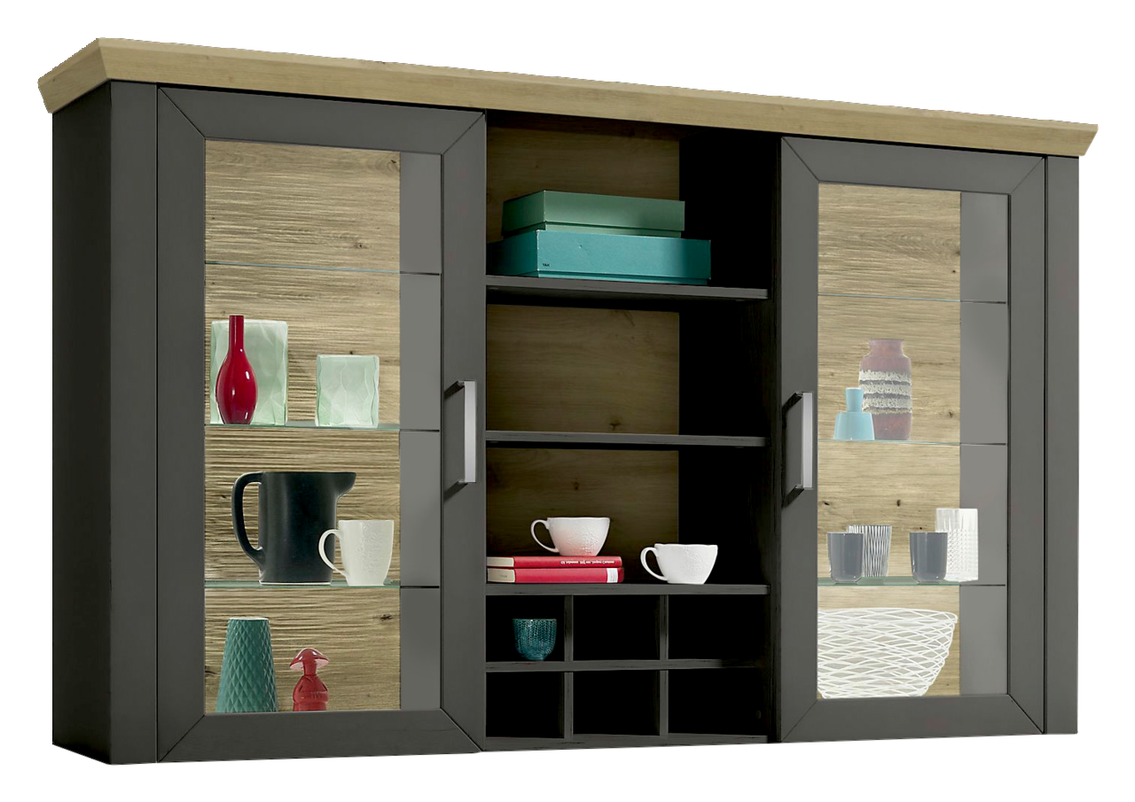 Vitrinenaufsatz in Frontalansicht mit zwei Glastüren, mehreren Regalböden und dekorativen Objekten.