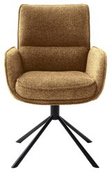 Brauner Armlehnstuhl mit schwarzem Metallgestell, Frontalansicht