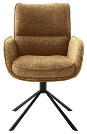 Brauner Armlehnstuhl mit schwarzem Metallgestell, Frontalansicht