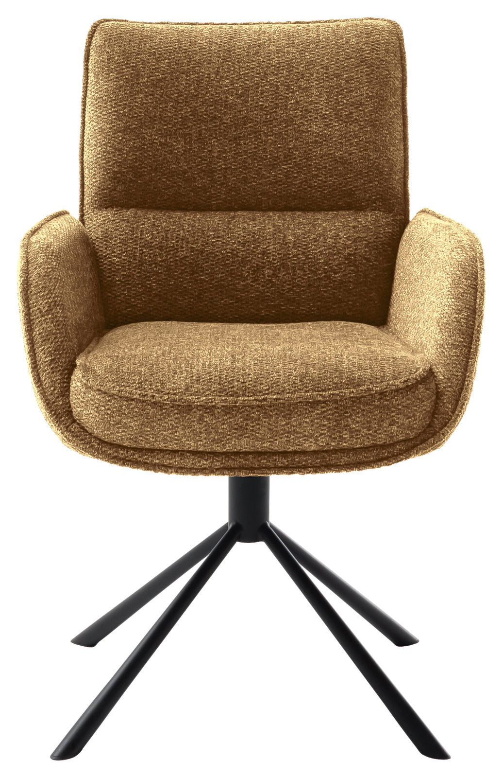 Brauner Armlehnstuhl mit schwarzem Metallgestell, Frontalansicht