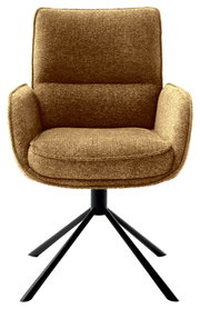 Brauner Armlehnstuhl mit schwarzem Metallgestell, Frontalansicht