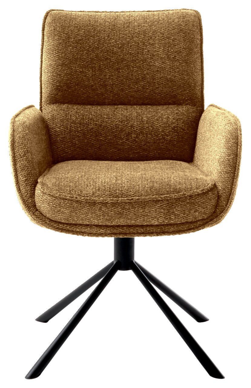 Brauner Armlehnstuhl mit schwarzem Metallgestell, Frontalansicht