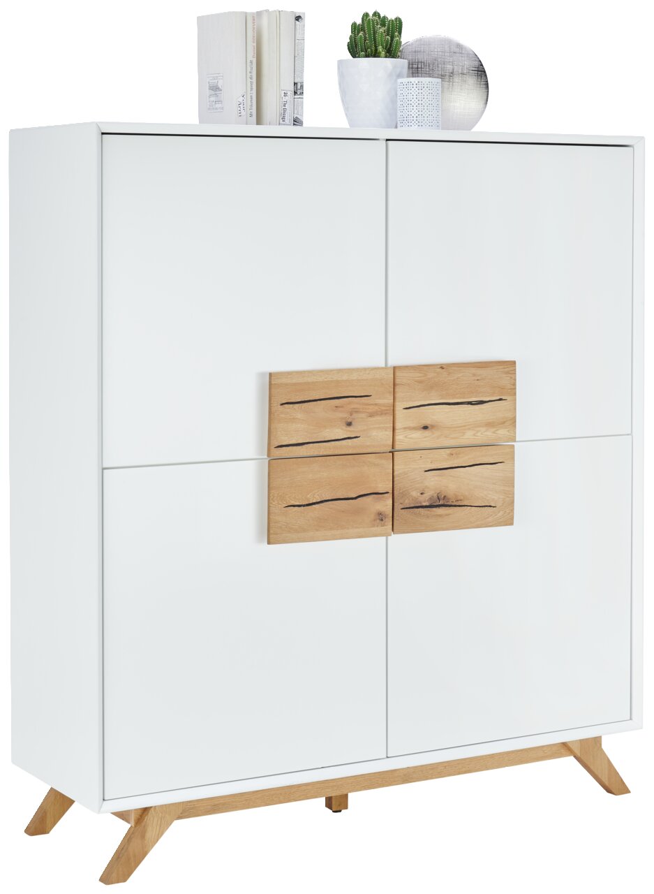 XORA Hoog dressoir MOOVE Weißes Highboard mit Holzelementen und Dekorationen auf der Oberseite, seitliche Perspektive