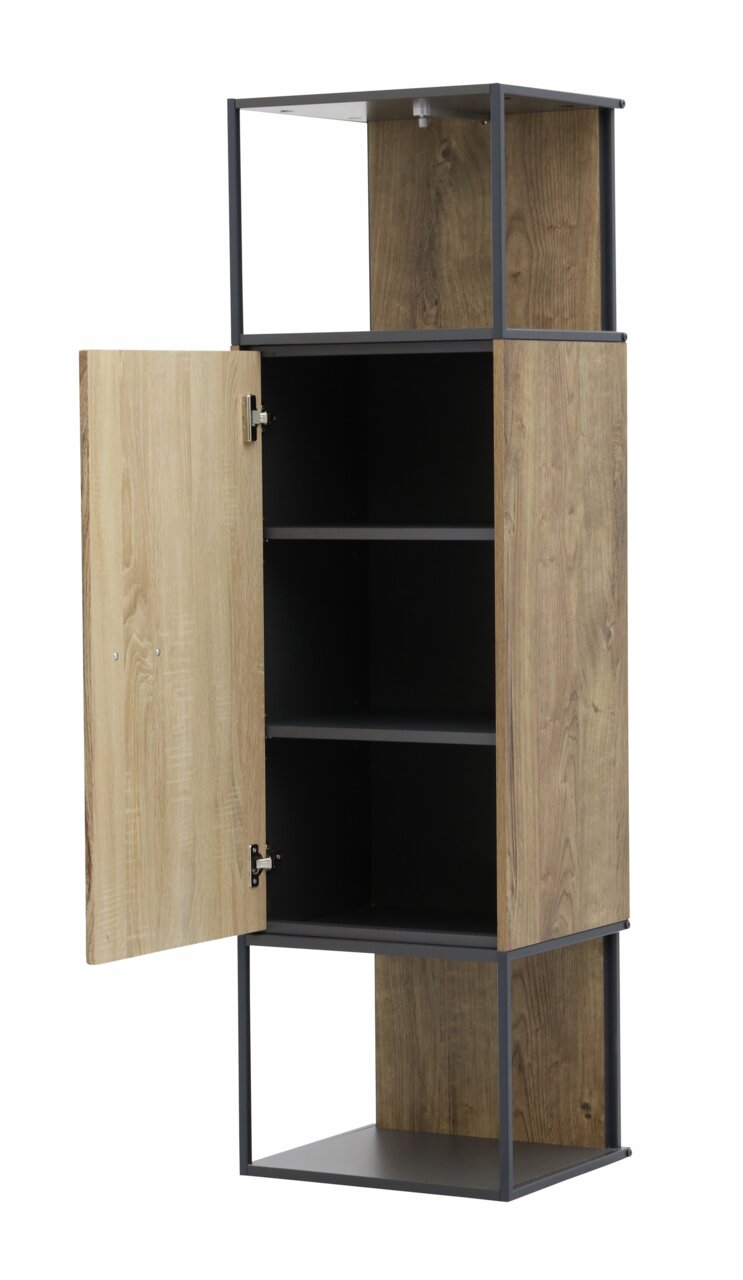 Offenes Stand-/Hängeelement aus Holz mit Metallrahmen, zwei Regalböden und geöffneter Tür, seitliche Perspektive.