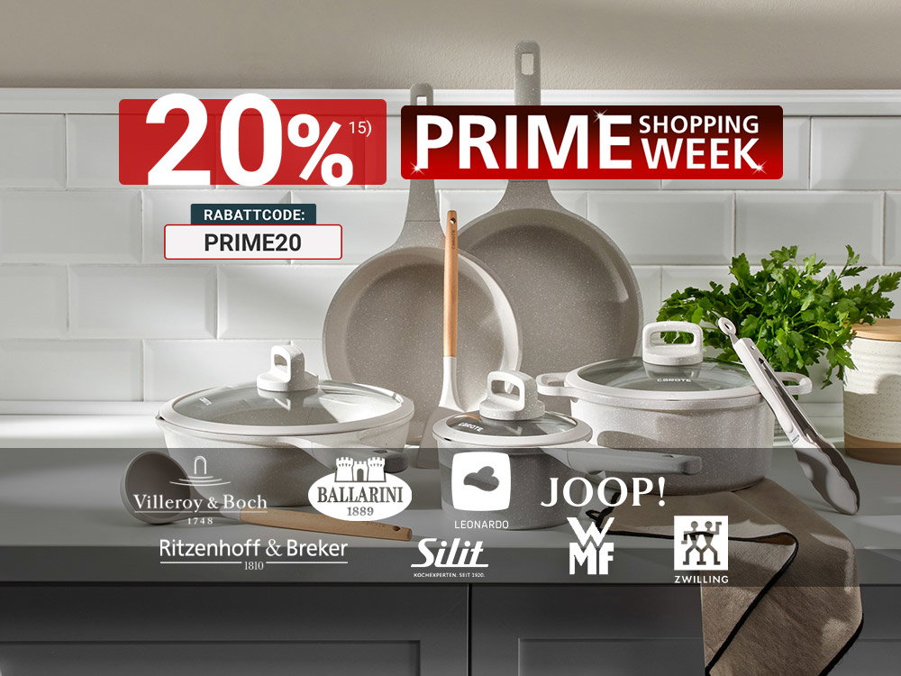 Graues Kochgeschirr und Küchenhelfer auf einer Arbeitsplatte, beworben zur Prime Shopping Week.