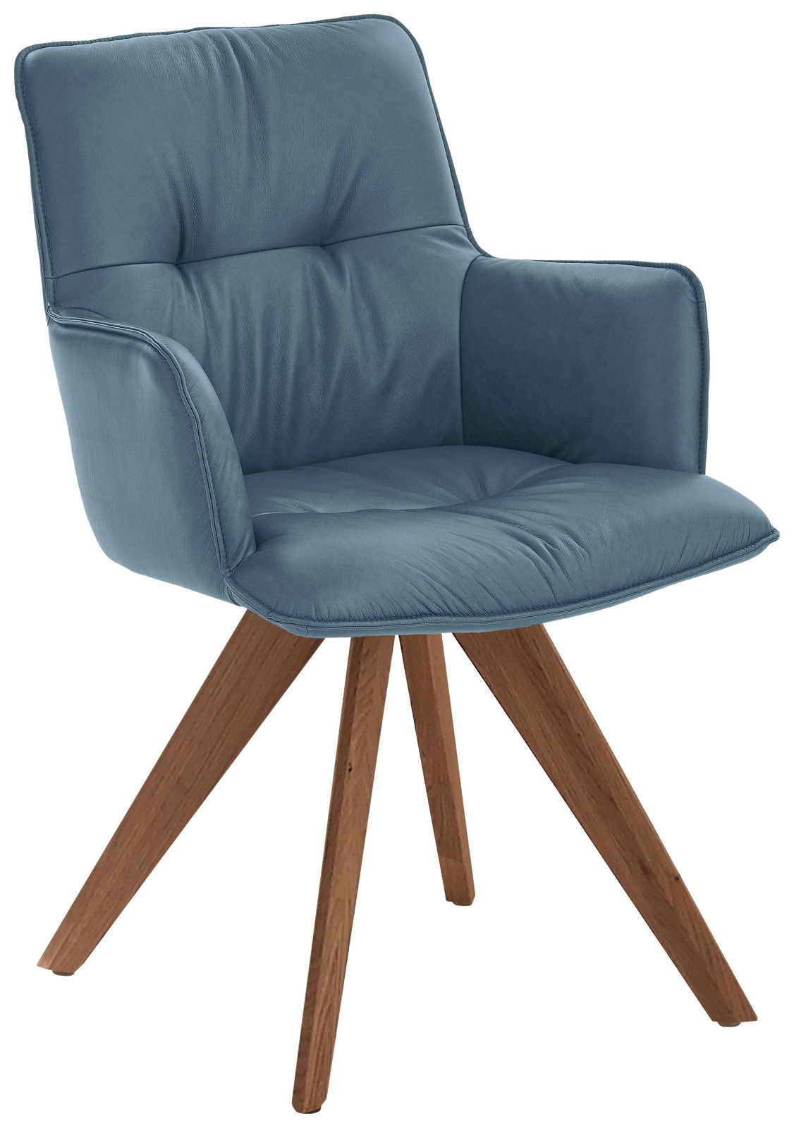 Moderner Design-Schalensessel mit blauer Polsterung und Holzbeinen, seitliche Perspektive