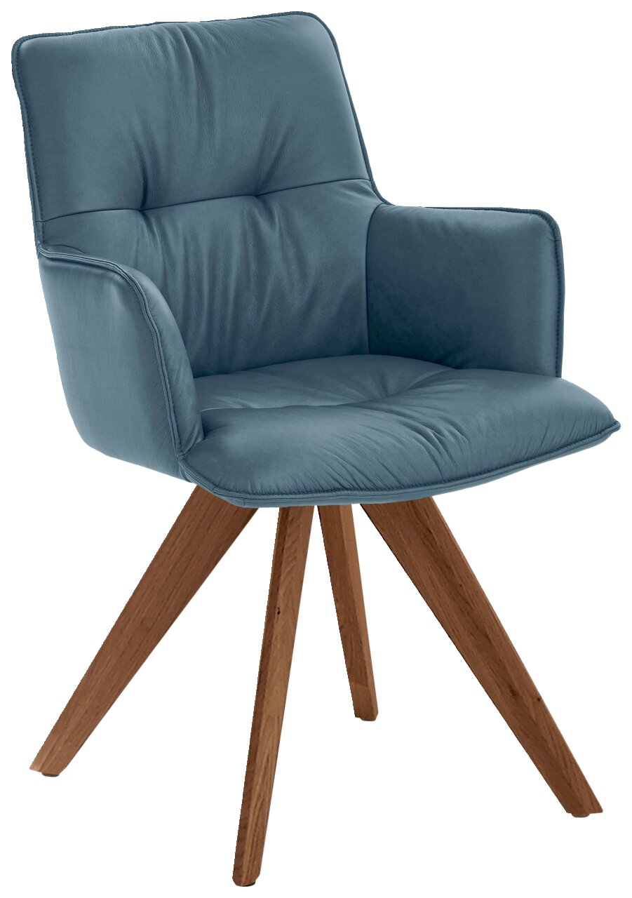 Moderner Design-Schalensessel mit blauer Polsterung und Holzbeinen, seitliche Perspektive