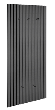 Wandgarderobe mit vertikalen Holzlatten und mehreren Haken, seitliche Perspektive