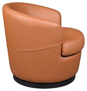 Moderner brauner Ledersessel in Seitenansicht mit runder Basis.