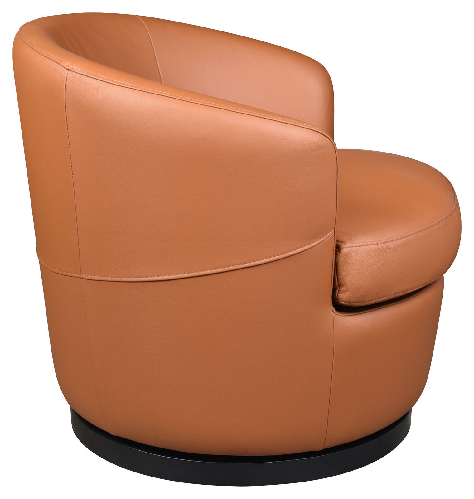 Moderner brauner Ledersessel in Seitenansicht mit runder Basis.