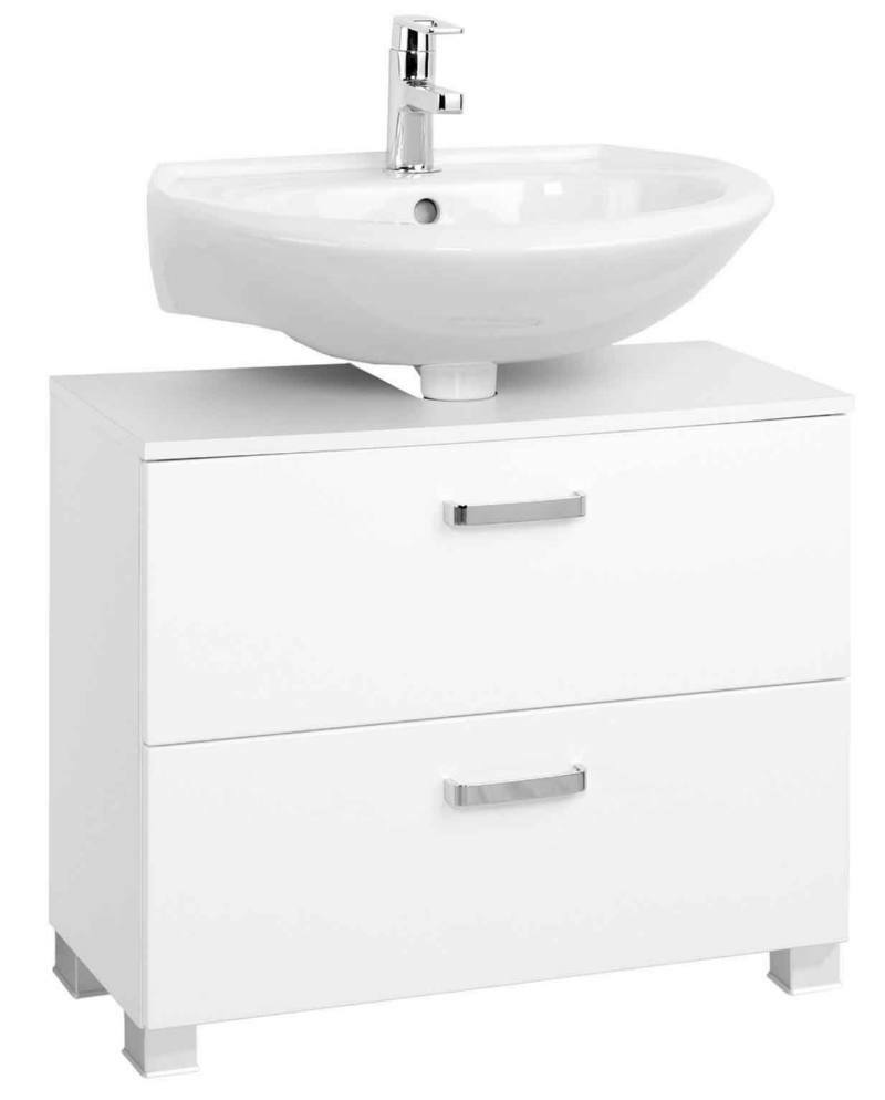 Weißer Waschbeckenunterschrank mit zwei Schubladen und modernem Waschbecken, Frontalansicht