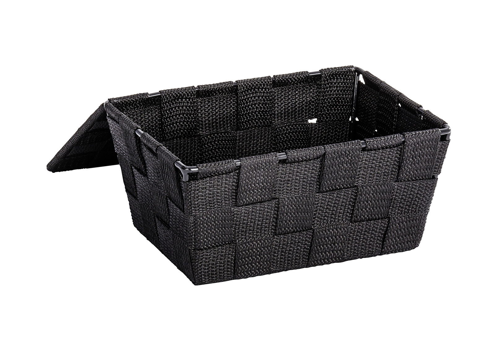 Schwarzer Badkorb mit Deckel, geöffnete Perspektive, geflochtenes Design