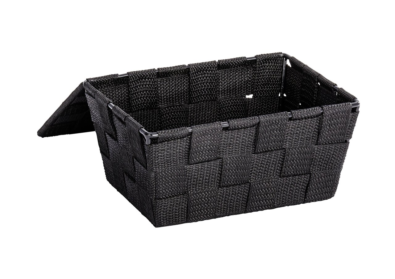 Schwarzer Badkorb mit Deckel, geöffnete Perspektive, geflochtenes Design
