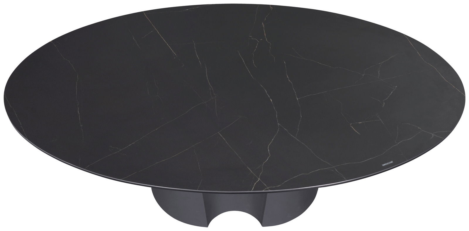 Runder Couchtisch mit schwarzer Marmoroptik, von oben betrachtet.