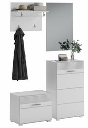 Moderne Garderobenkombination in Weiß mit Spiegel, Hakenleiste, Ablage und zwei Schränken, frontal abgebildet.