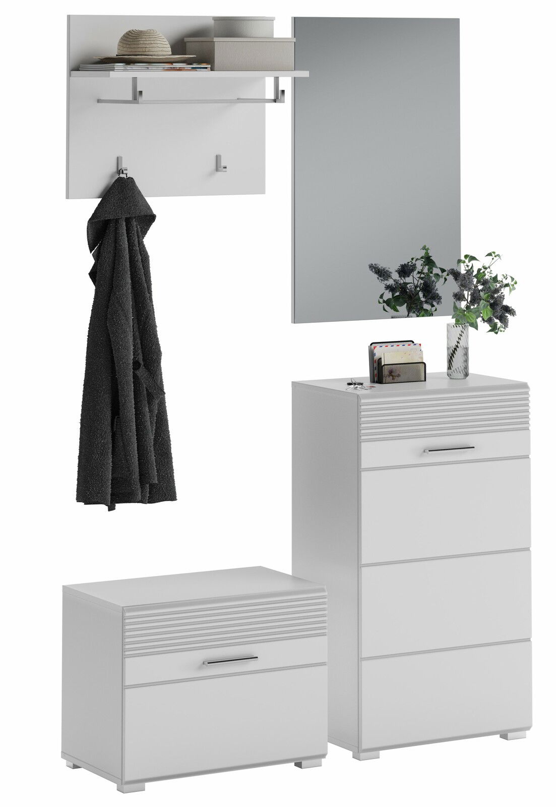 MID.YOU Garderobenkombination LINUS Moderne Garderobenkombination in Weiß mit Spiegel, Hakenleiste, Ablage und zwei Schränken, frontal abgebildet.