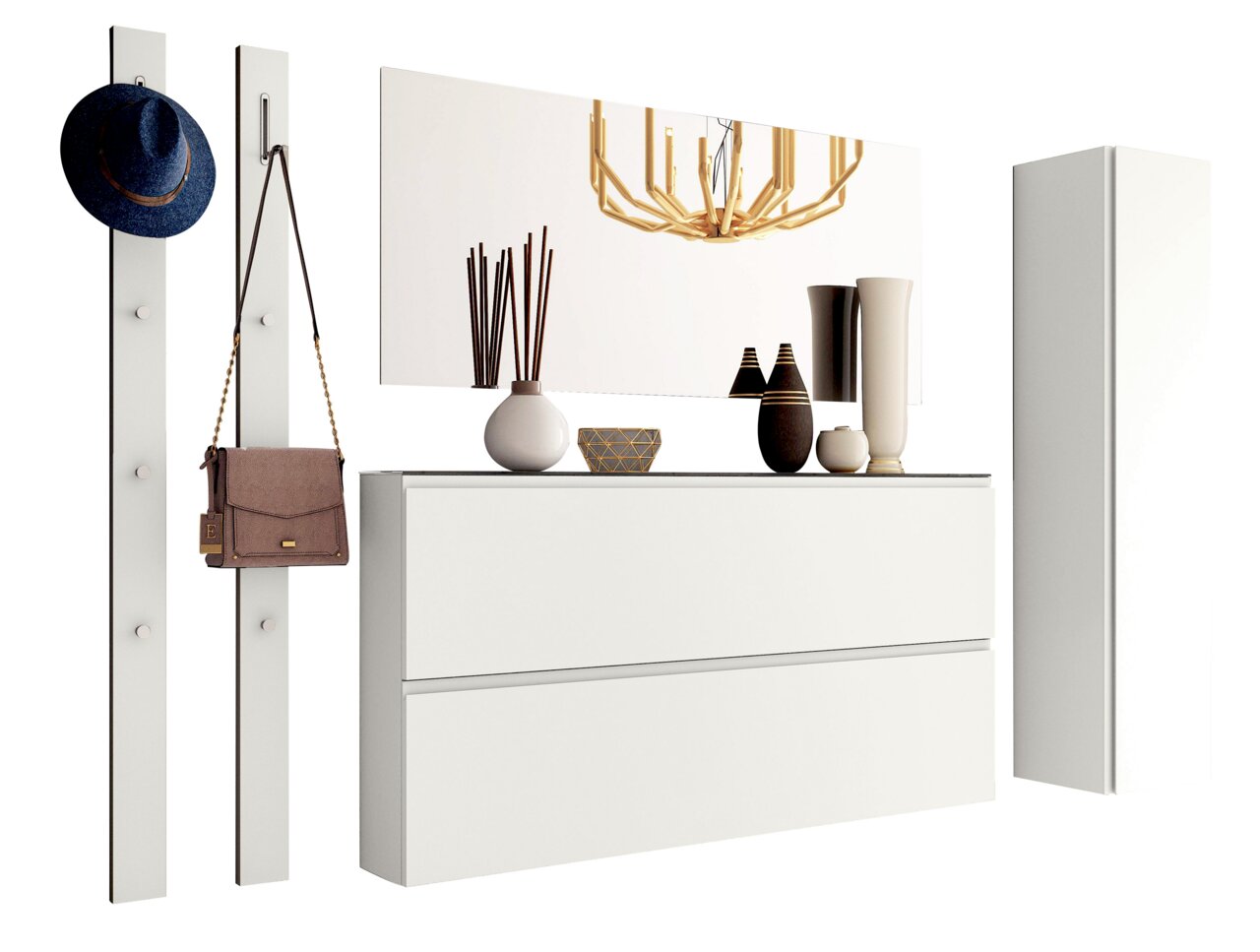 Moderano Garderoben-Set LECCO Garderobenset in Weiß mit zwei Wandpaneelen, einem großen Spiegel, einer Kommode und einem hohen Schrank, frontal abgebildet.