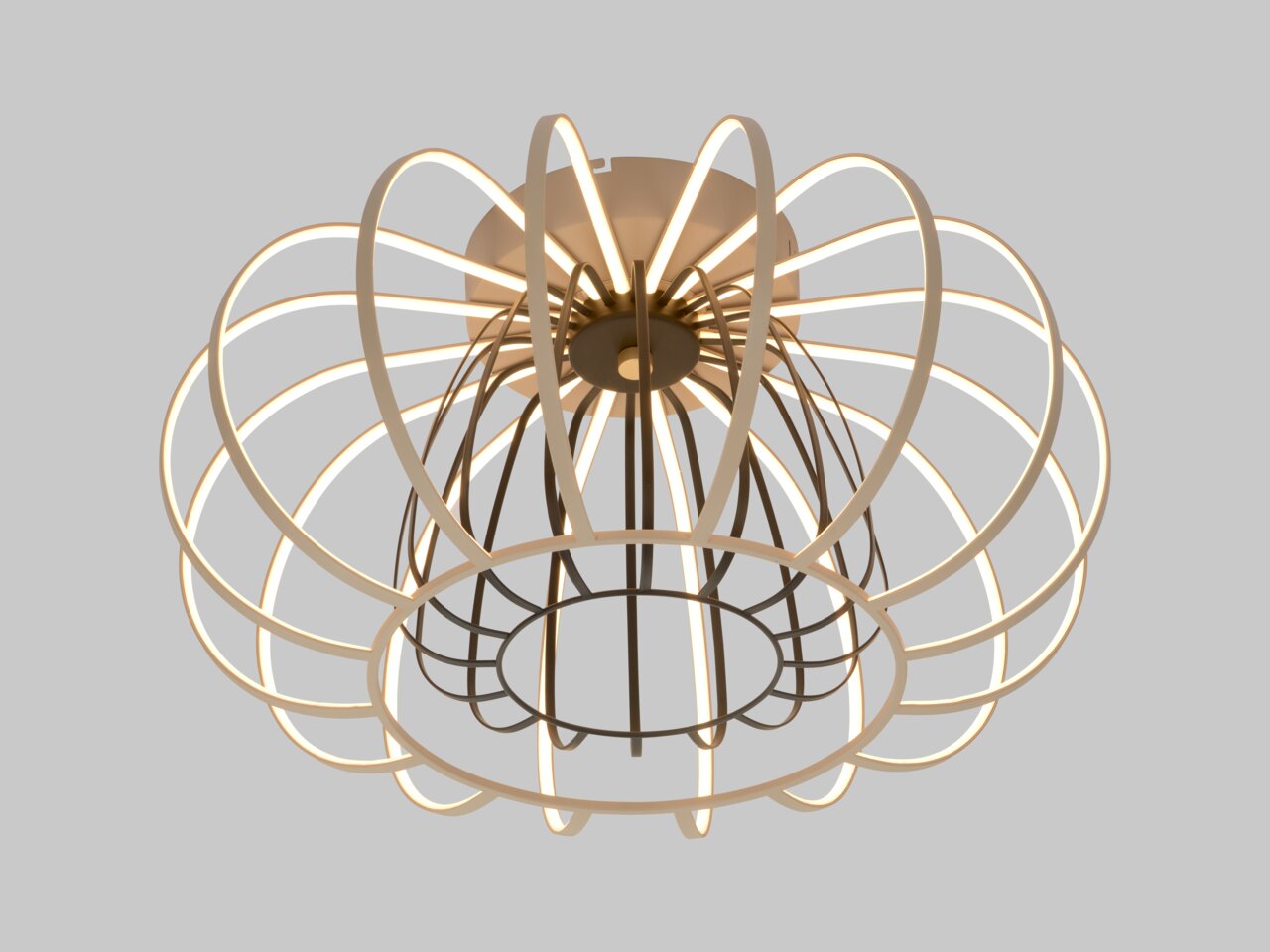 Moderne Deckenleuchte mit geschwungenem, kreisförmigem Design, von unten betrachtet.