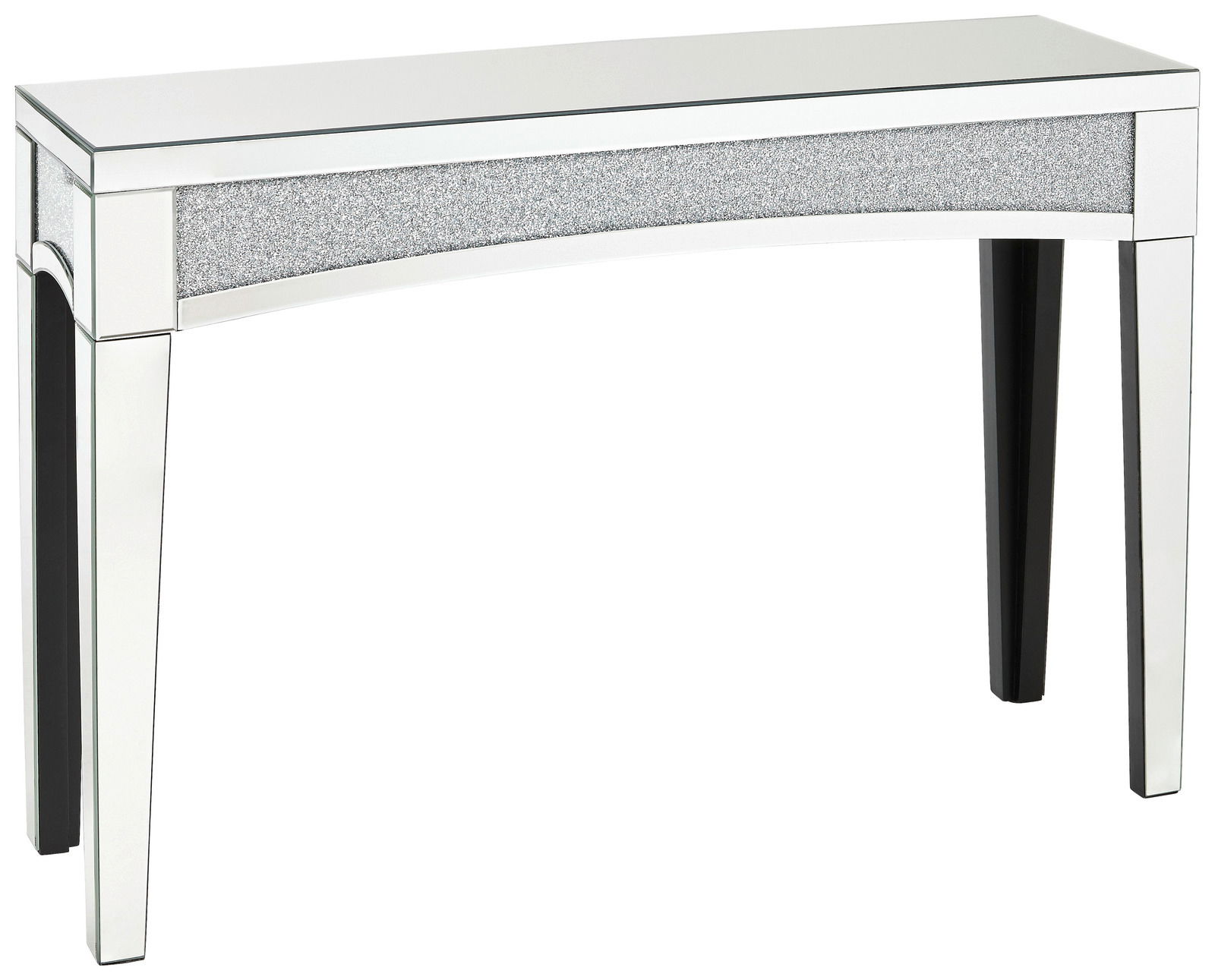Moderner Konsolentisch mit verspiegelter Oberfläche und glitzerndem Akzent, seitliche Perspektive