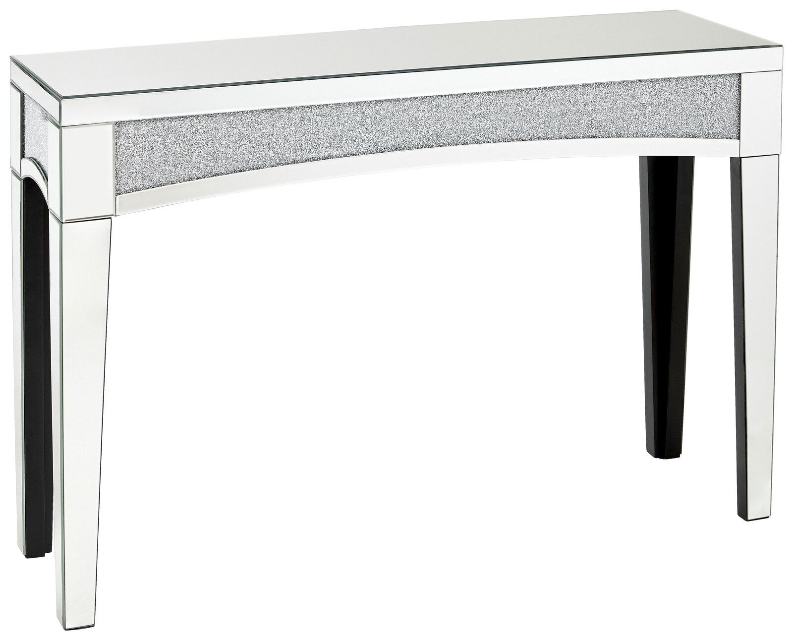 Moderner Konsolentisch mit verspiegelter Oberfläche und glitzerndem Akzent, seitliche Perspektive