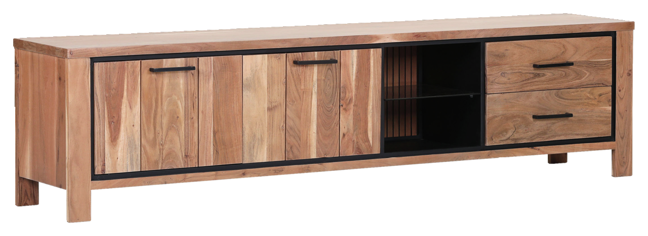 Lowboard aus Holz mit zwei Türen, zwei Schubladen und einem offenen Fach, frontal betrachtet.