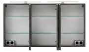 Offener Spiegelschrank mit drei Türen, Glasregalen und integrierten Steckdosen, Frontalansicht.