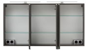 Offener Spiegelschrank mit drei Türen, Glasregalen und integrierten Steckdosen, Frontalansicht.