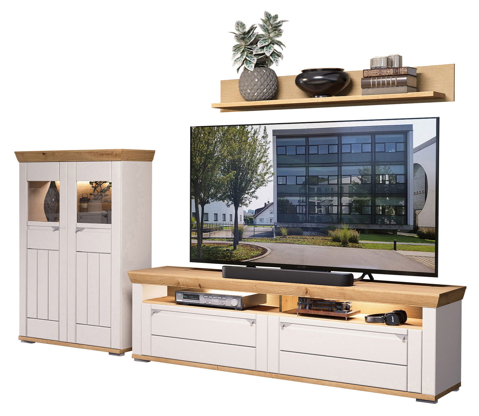 Landscape Wandcombinatie COLMAR Moderne Wandkombination mit TV-Schrank, Regal und Vitrine in Holzoptik, frontal betrachtet.