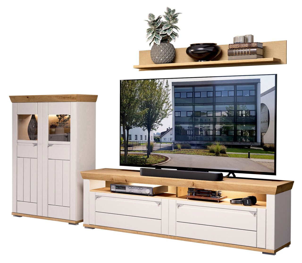 Landscape Wandkombination COLMAR Moderne Wandkombination mit TV-Schrank, Regal und Vitrine in Holzoptik, frontal betrachtet.