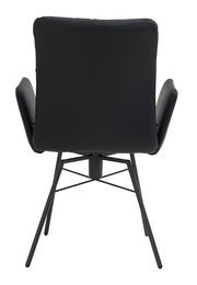 Rückansicht eines schwarzen Armlehnstuhls mit Metallbeinen