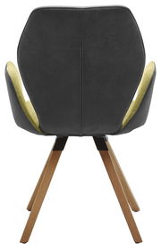 Rückansicht eines Armlehnenstuhls mit schwarzer Rückenlehne, grüner Innenseite und Holzbeinen.