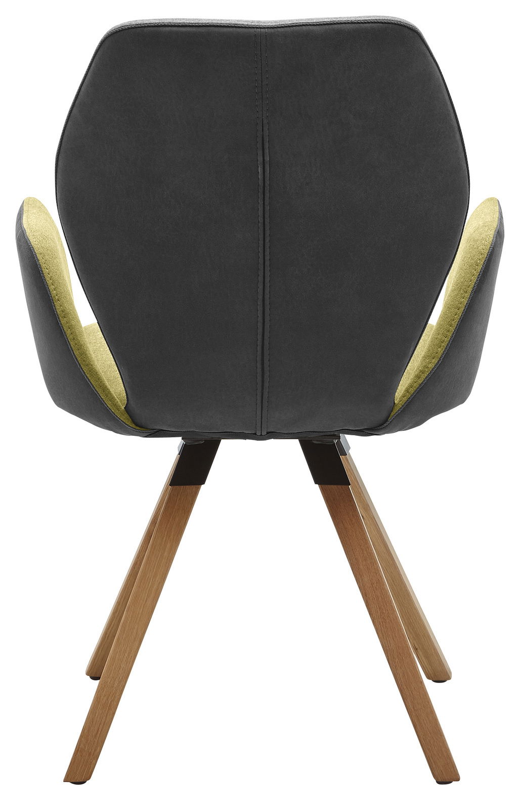 Rückansicht eines Armlehnenstuhls mit schwarzer Rückenlehne, grüner Innenseite und Holzbeinen.